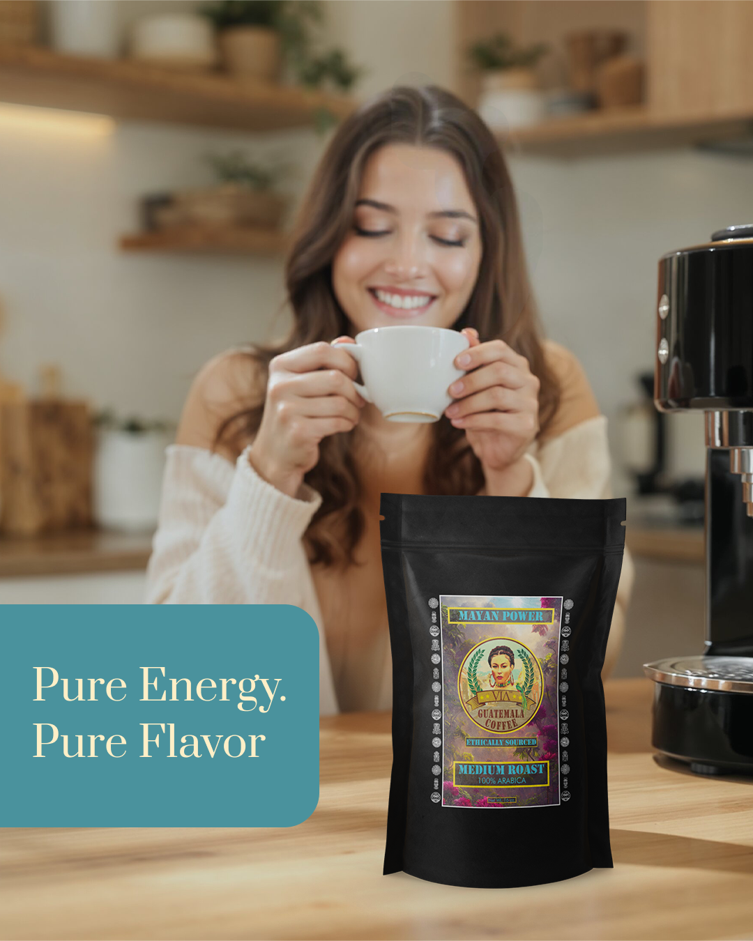 Woman holding a coffee cup with a Guatemala coffee bag labeled 'Pure Energy. Pure Flavor' in a kitchen setting.