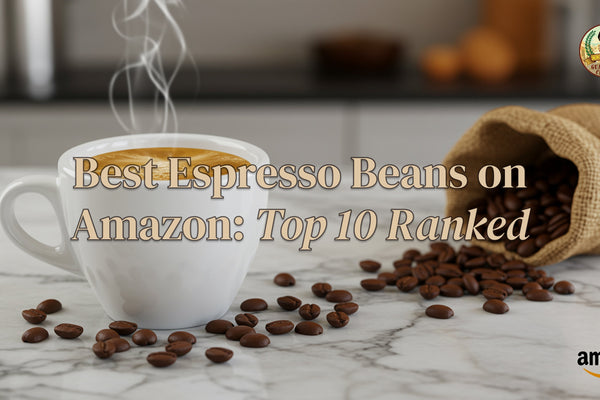white espresso cup with crema on a countertop, scattered whole espresso beans around the cup