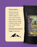 Mayan Jaguar Guatemala coffee package with description card on a purple background