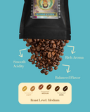 Coffee beans spilling out of a black bag with branding on a blue background, featuring text about Guatemala coffee qualities.